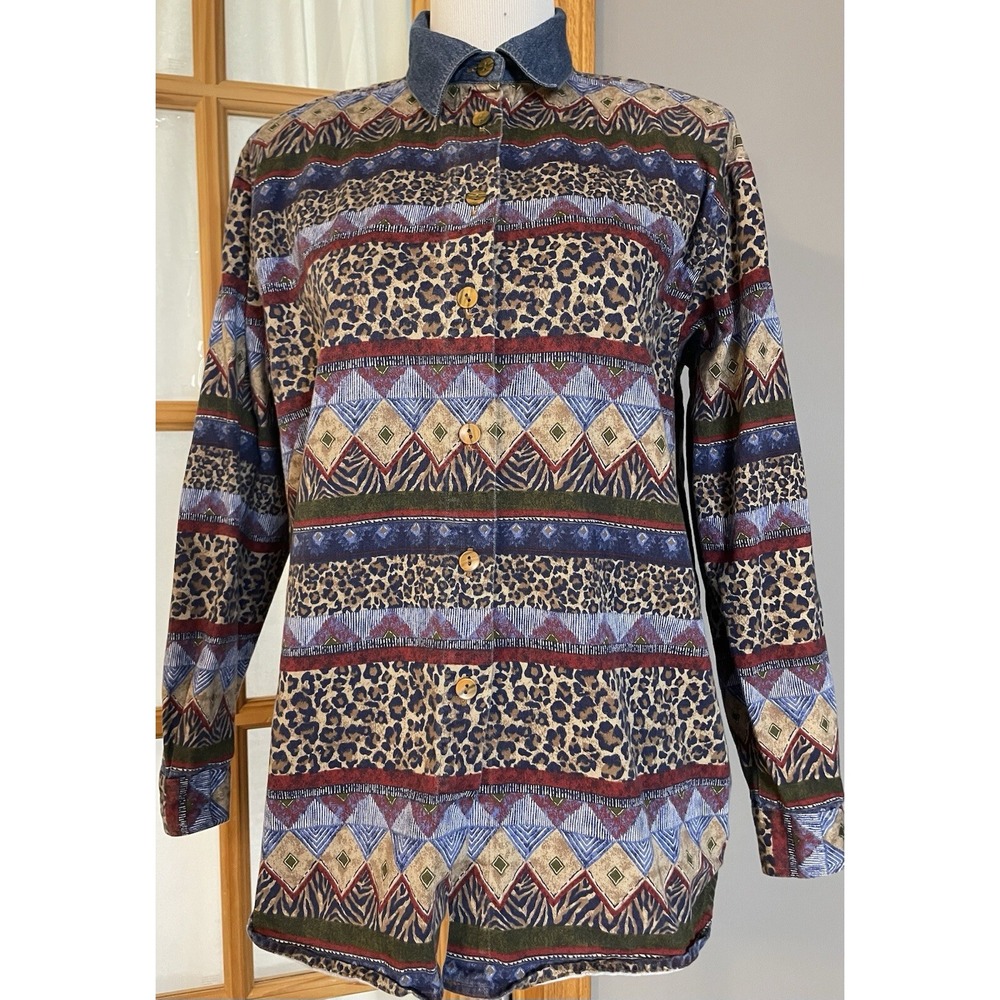 Vtg Capacity Women's Denim Shirt Sz M Denim Animal Print Argyle Button Up Safari